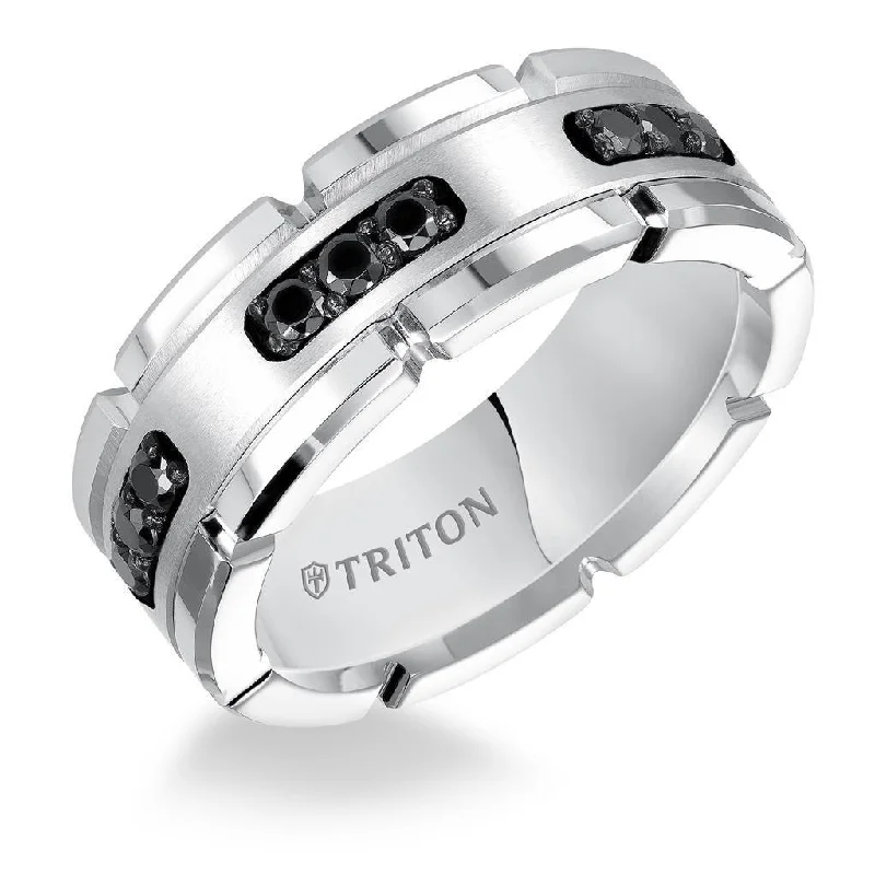 antique engagement rings for women-KENZO White Tungsten Ring with Silver Inlay & Black Diamonds by Triton Rings - 8mm