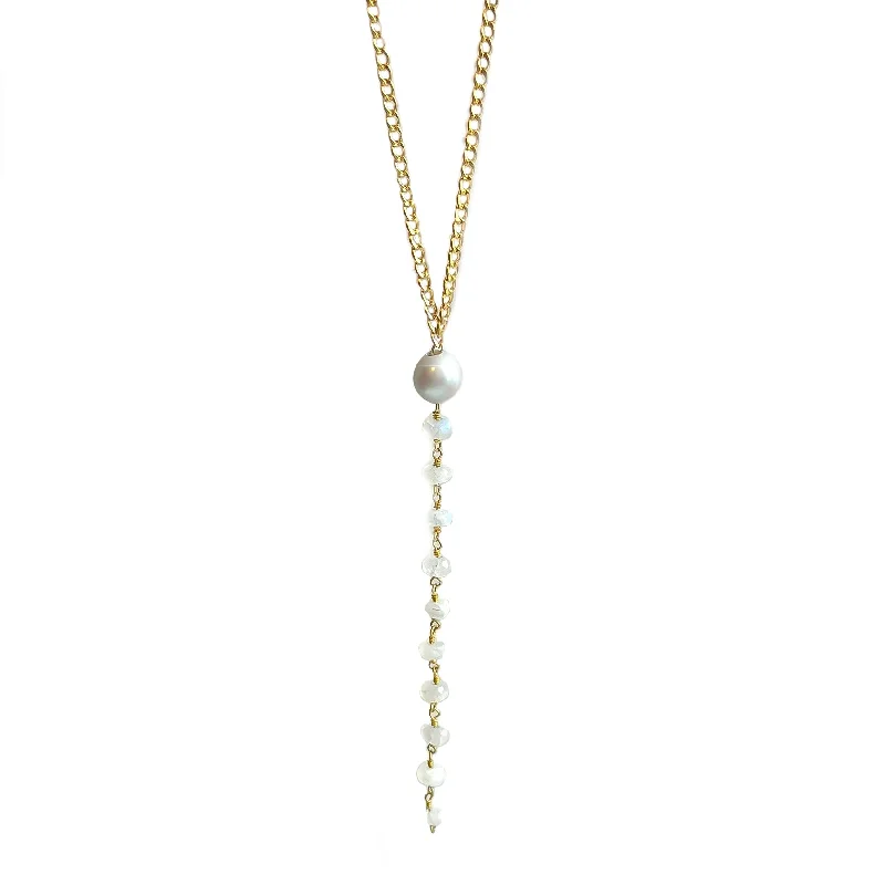 moonstone necklace for women-Grey Pearl + Moonstone 'Y' Necklace