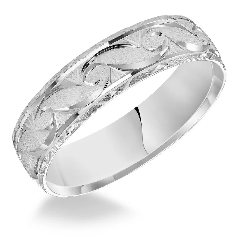 anniversary engagement rings for women-14k White Gold Satin Finished Ring with Polished Grooved Pattern & Beveled Edges - 6mm