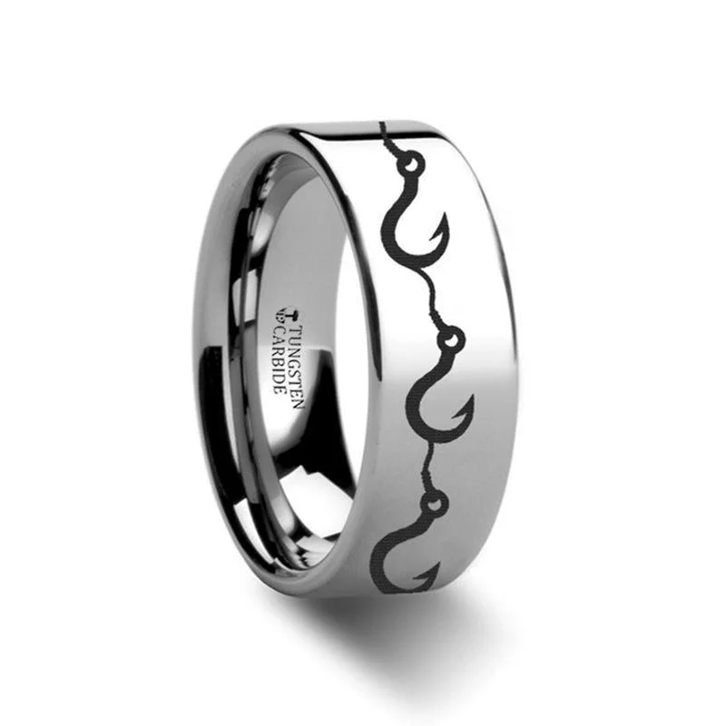 modern engagement rings for women-Multiple Fishing Hook Pattern Engraved Flat Tungsten Ring - 4mm - 12mm