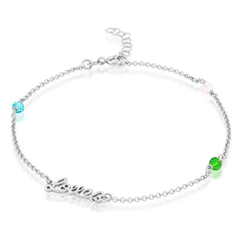 leather cord anklets for women-Sterling Silver Pink, Green and Blue Crystals with Love Anklet