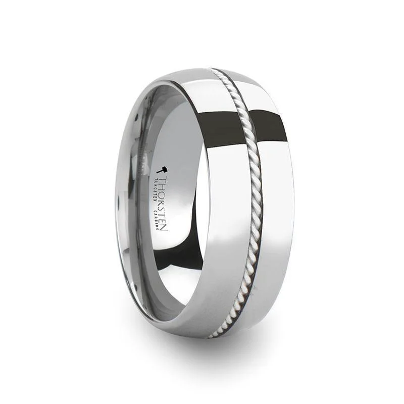 romantic engagement rings for women-LYON Braided Silver Inlay Domed Tungsten Ring - 8 mm