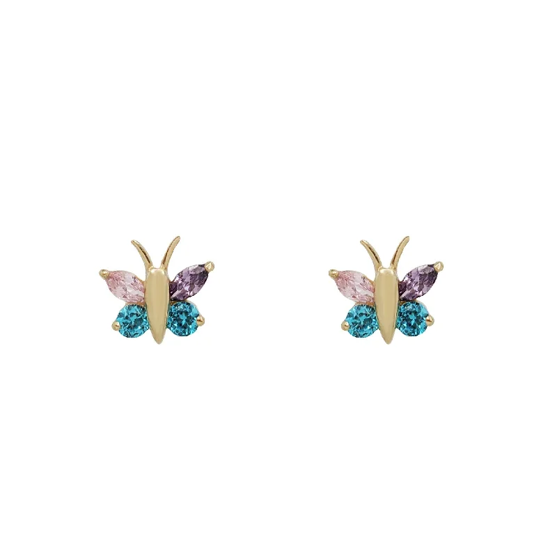 colorful earrings for women-Zirconia Multicolor Butterfly Stud Earrings (14K)