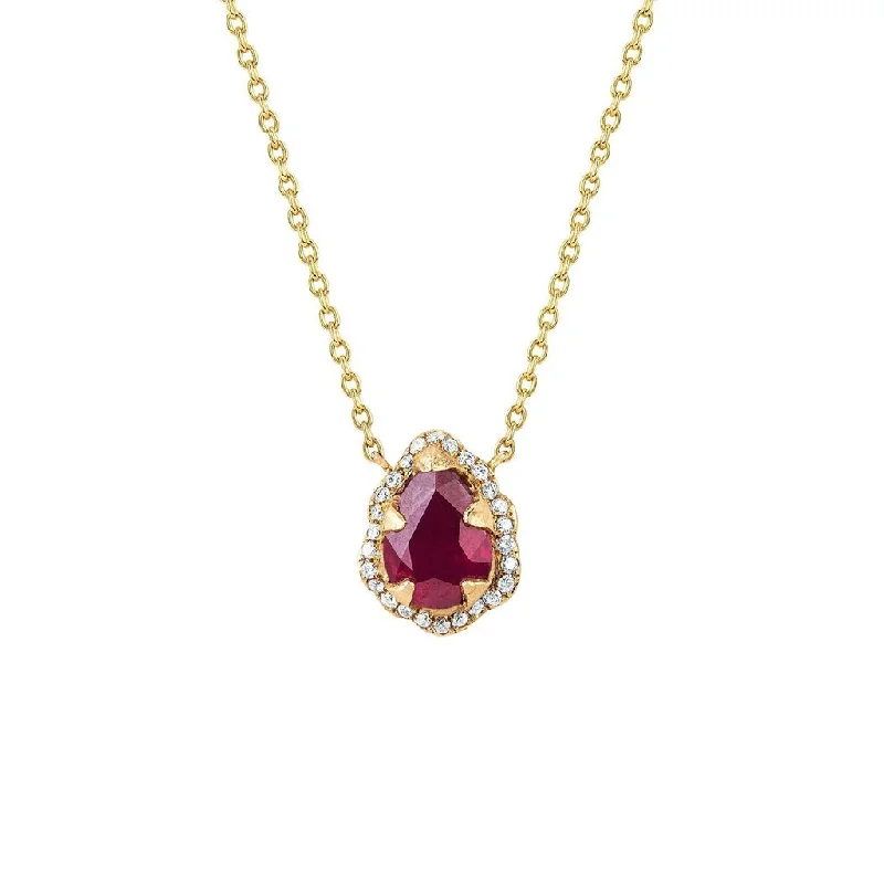 twisted necklace for women-Micro Queen Water Drop Ruby Necklace with Full Pavé Diamond Halo