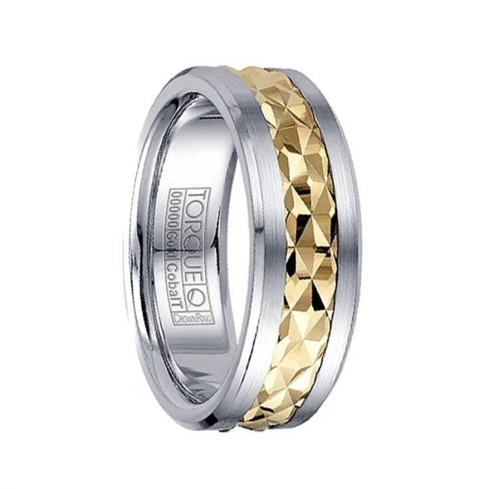 modern engagement rings for women-Grooved Diamond Pattern 14k Yellow Gold Inlaid  Men’s White Cobalt Ring - 7.5mm