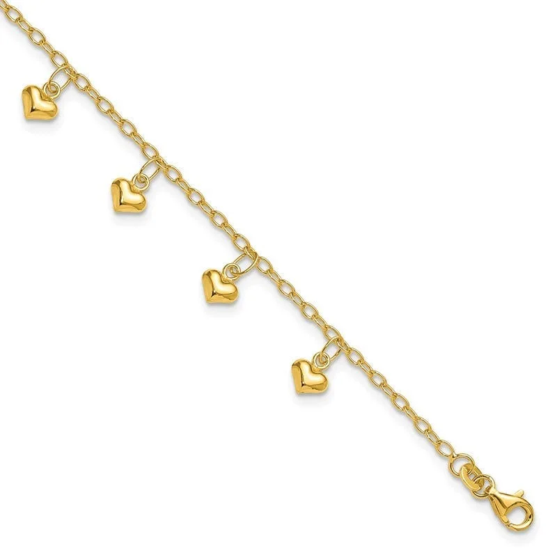 ankle bracelets with pearls for women-Sterling Silver Gold-tone Polished Puffed Heart 10in Anklet