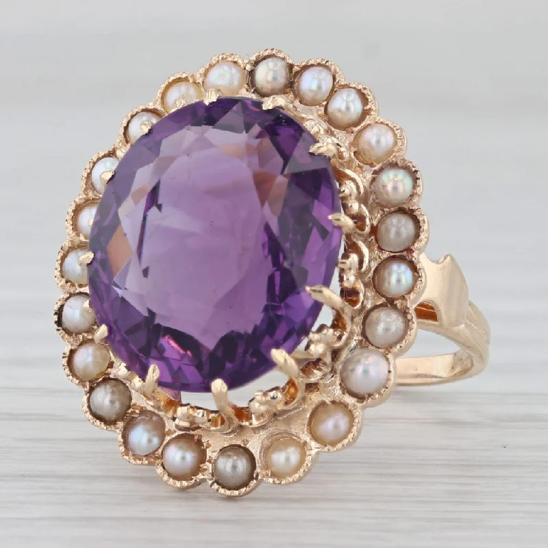 engagement rings with side stones for women-Vintage Amethyst Pearl Halo Cocktail Ring 12k Yellow Gold Size 8.5