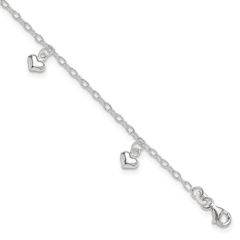 handcrafted anklets for women-Sterling Silver Polished Puffed Heart 10in Plus 1in ext Anklet