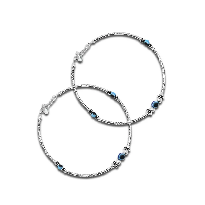 anklets with crystals for women-Silver Three Evil Eye Simple Design Anklet for Girls