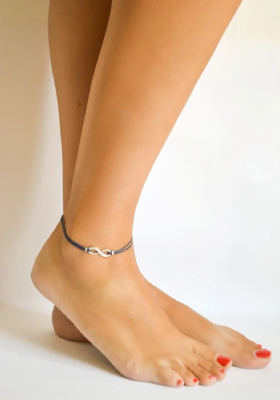 dainty anklets for women-Dainty blue cord anklet with silver infinity charm, gift wrapped