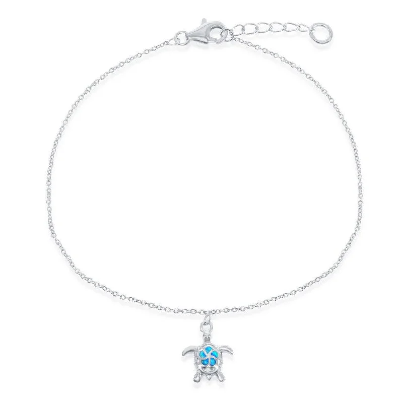 layered anklets for women-Sterling Silver Blue Inlay Opal Turtle Anklet