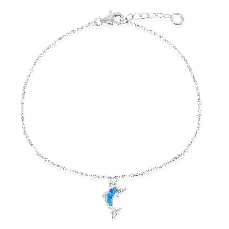 anklets for daily wear for women-Sterling Silver Blue Inlay Opal Dolphin Anklet