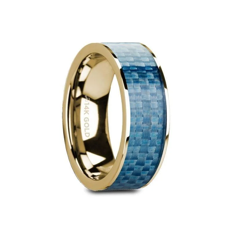 white sapphire engagement rings for women-GERYON Flat 14K Yellow Gold Ring with Blue Carbon Fiber Inlay and Polished Edges - 8mm