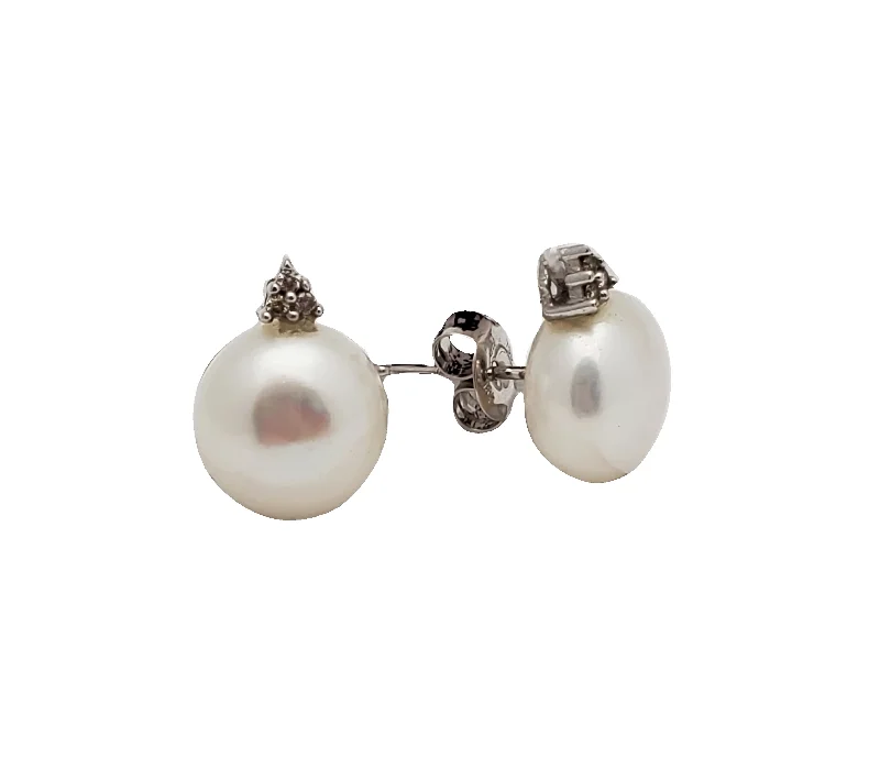 bridal earrings for women-Diamond Caplet Pearl Stud Earrings (14K)