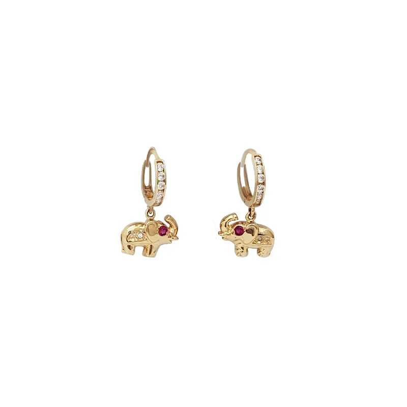 moon earrings for women-Hanging Elephant CZ Huggie Earrings (14K)