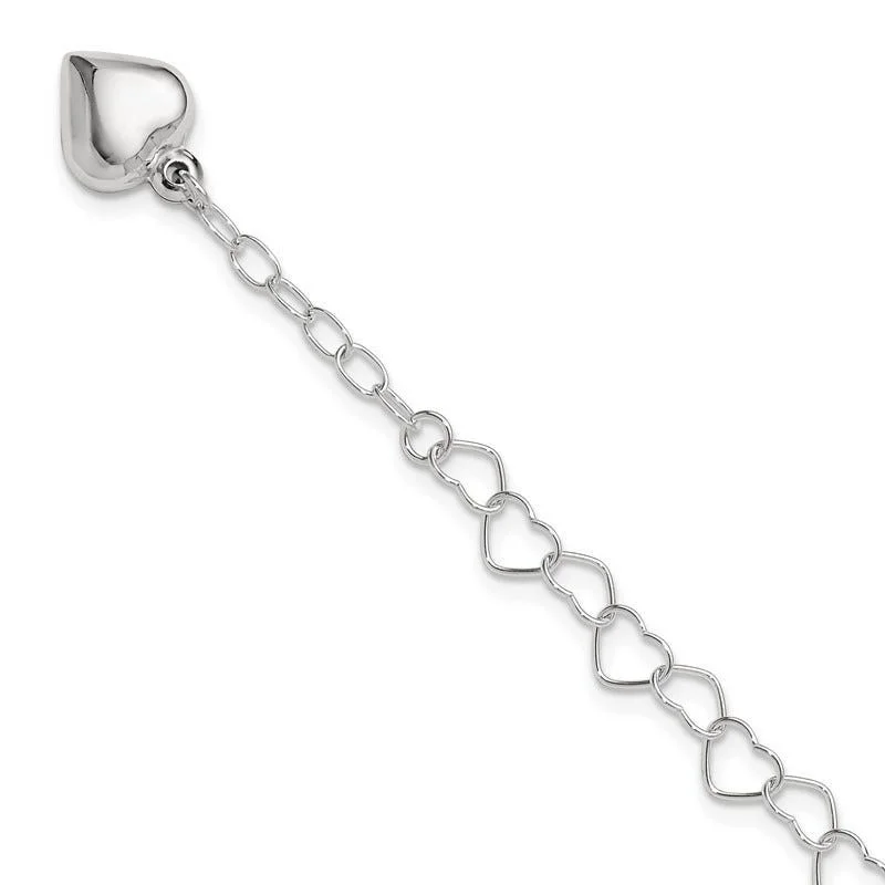 ankle chain with charms for women-Sterling Silver Polished Puffed Heart 10in Plus 1in ext. Anklet