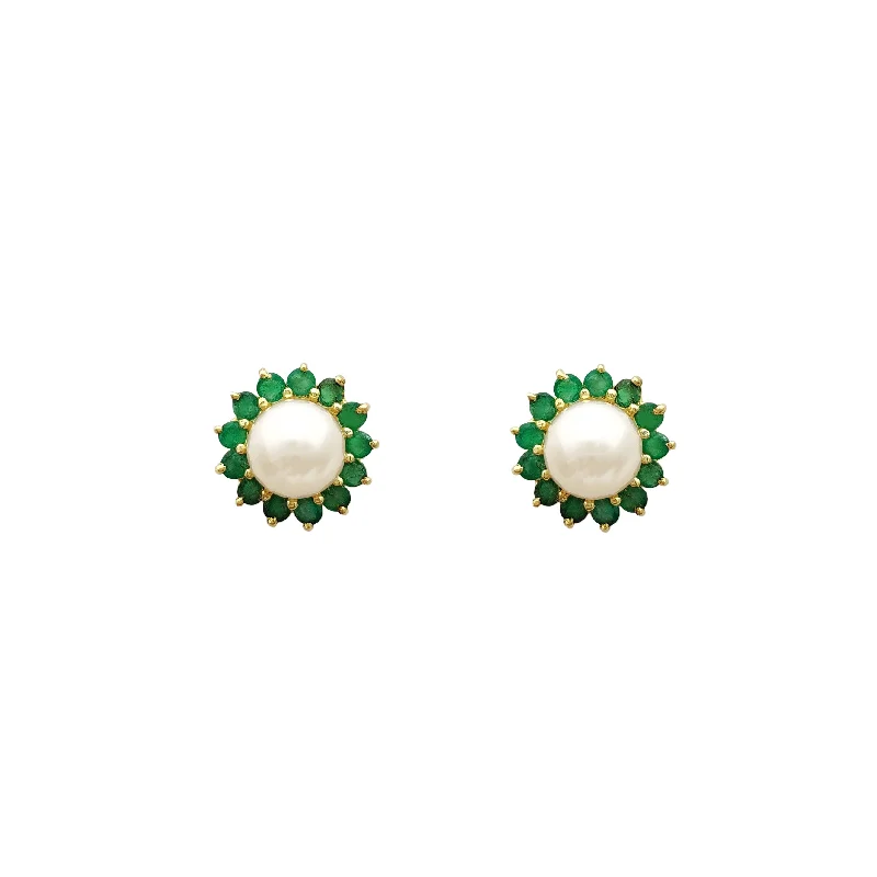 hoop earrings for women-Emerald & Pearl Stud Earrings (14K)