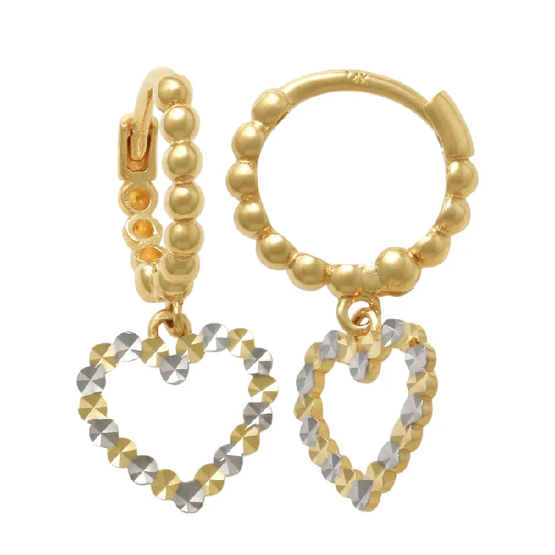 drop earrings for women-Diamond-Cut Heart Beaded Huggie Earrings (14K)