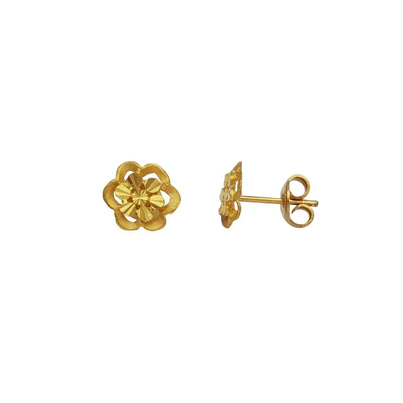 geometric stud earrings for women-Glitter Textured & Diamond-cuts Blossom Flower Stud Earrings (24K)