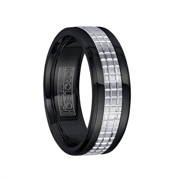 traditional engagement rings for women-Grooved 14k White Gold Inlaid Polished Black Cobalt Men’s Ring - 7.5mm