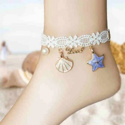 adjustable ankle bracelets for women-White Lace Shell Anklet