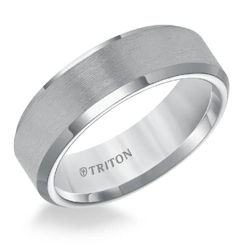 engagement rings with side stones for women-HARVIK Gun Metal Gray Tungsten Carbide Ring with Polished Beveled Edges and Satin Finish Center by Triton Rings - 7mm