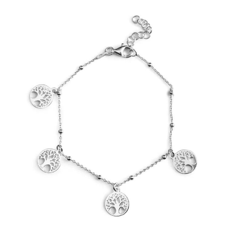 handmade anklets for women-Sterling Silver 4 Tree of Life Charm Anklet