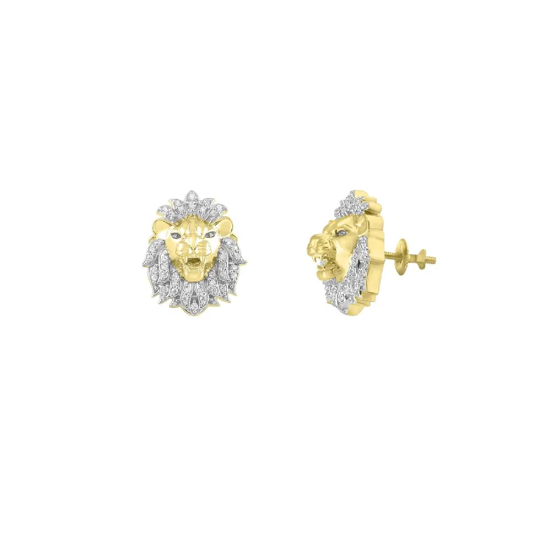 art deco earrings for women-Diamond Lion Head Stud Earrings (14K)