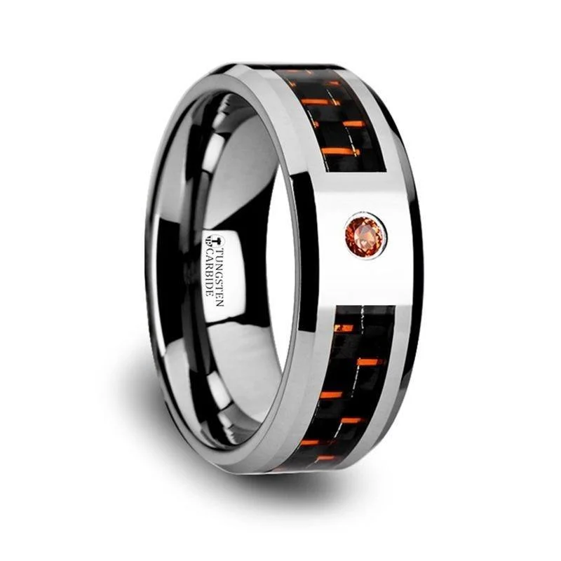 stunning solitaire engagement rings for women-NOAH Tungsten Ring with Black and Orange Carbon Fiber and Orange Padparadscha Setting - 8mm