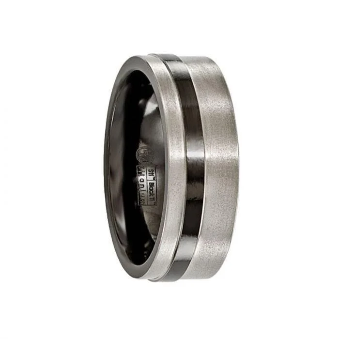 silver engagement rings for women-SERGIUS Flat Titanium Ring with Black Stripe Band by Edward Mirell - 8 mm