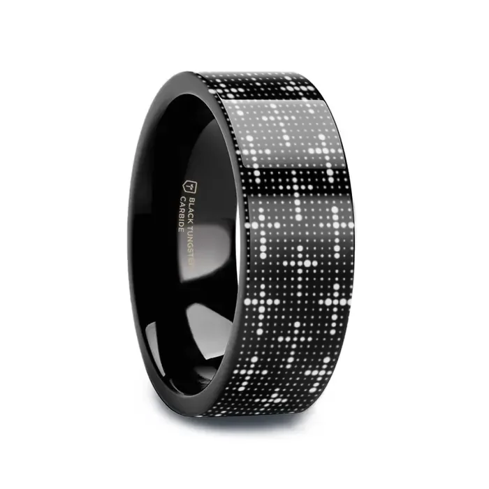 heart-shaped engagement rings for women-DOTTED CROSSES on Black Flat Tungsten Carbide Ring