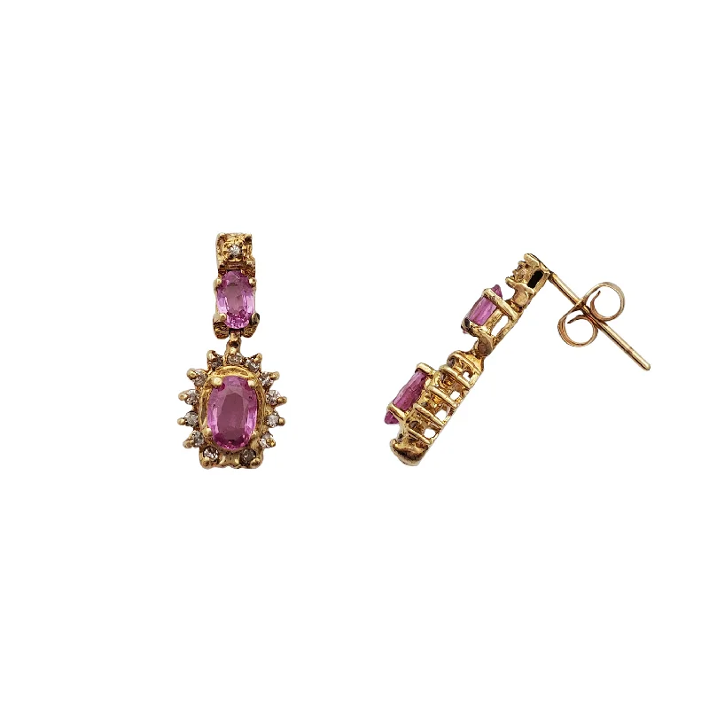 silver earrings for women-Diamond Halo Pink Sapphire Dangling Stud Earring (14K)