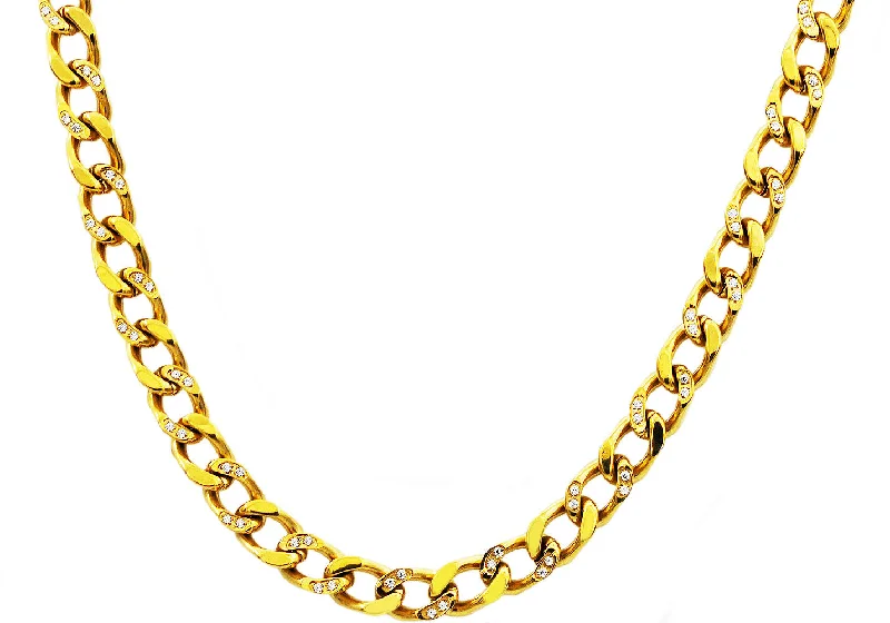 floral necklace for women-Mens Gold Stainless Steel Curb Link Chain Necklace With Cubic Zirconia