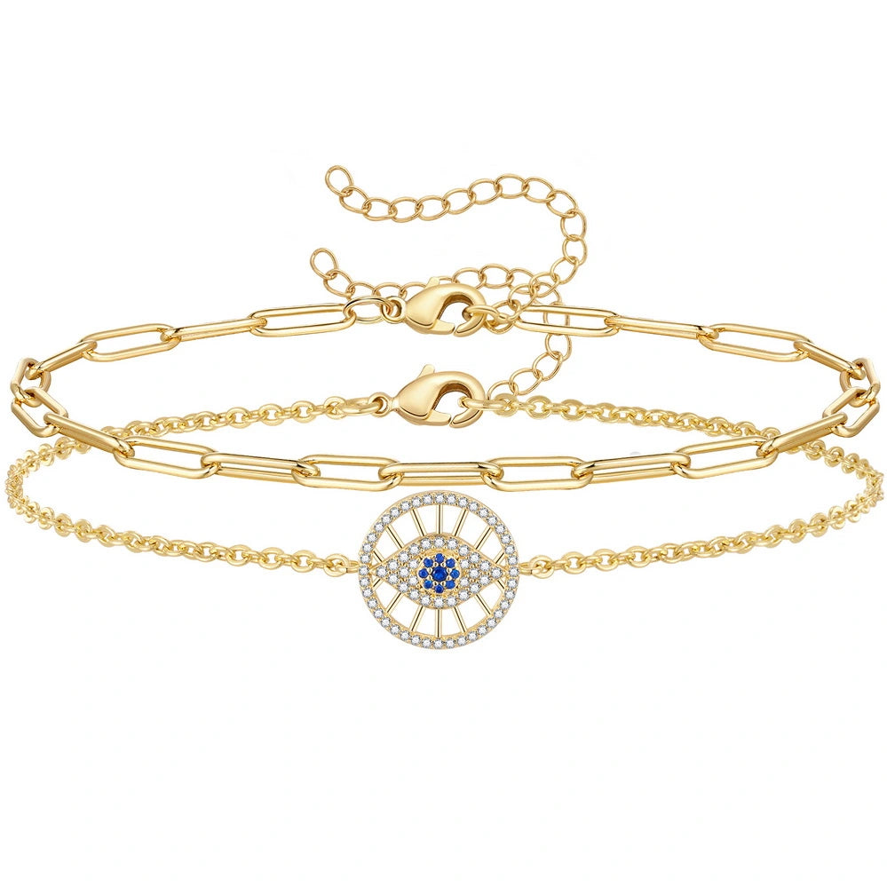 anklets with heart charms for women-Dainty 14k Gold Plated Layering Evil Eye Anklets Set-Round Eye & Paperclip