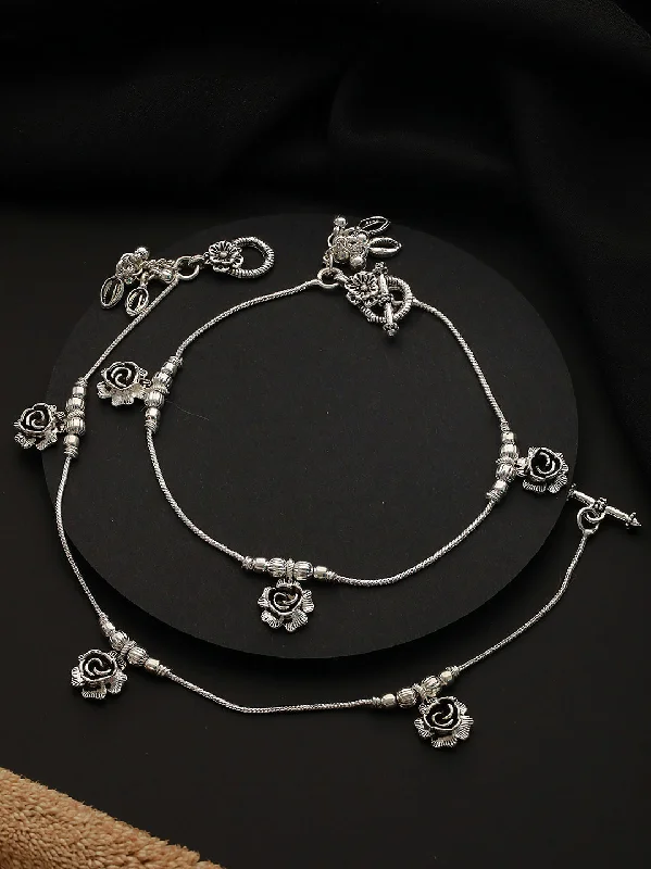 luxury anklets for women-Set Of 2 Oxidized Silver-Plated Rose Motif Anklets With Ghungroo Detail