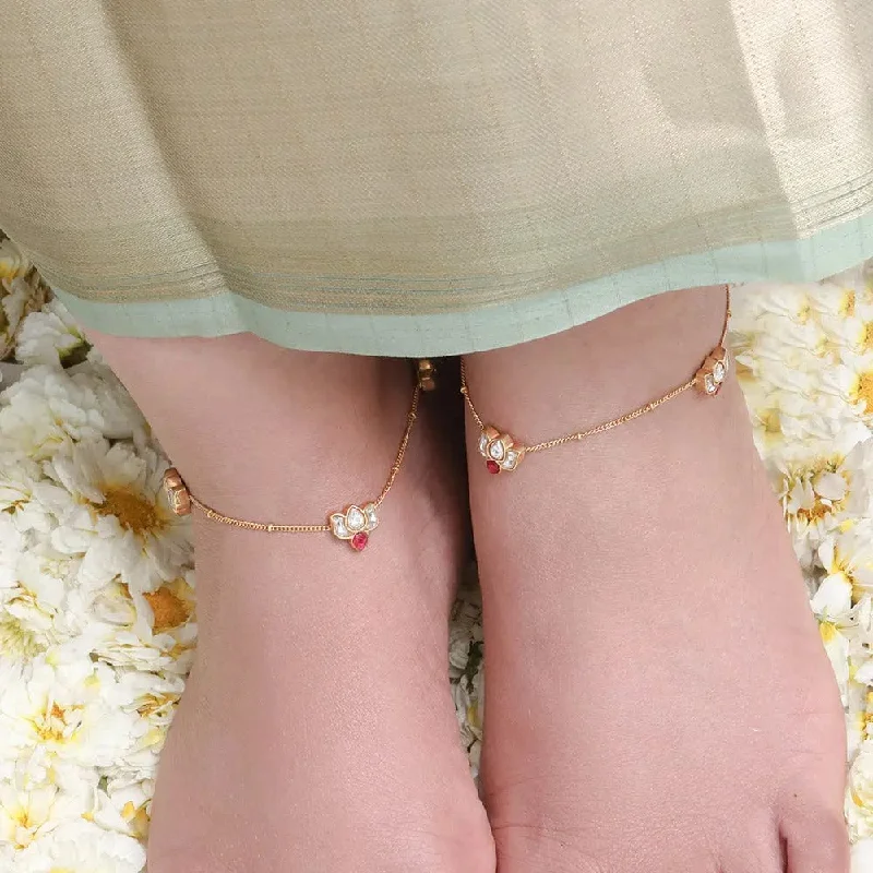 thick anklets for women-Silver Lotus Kundan 3 Motifs Anklet