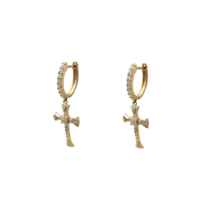 floral stud earrings for women-Iced-Out Cross Huggie Earrings (14K)