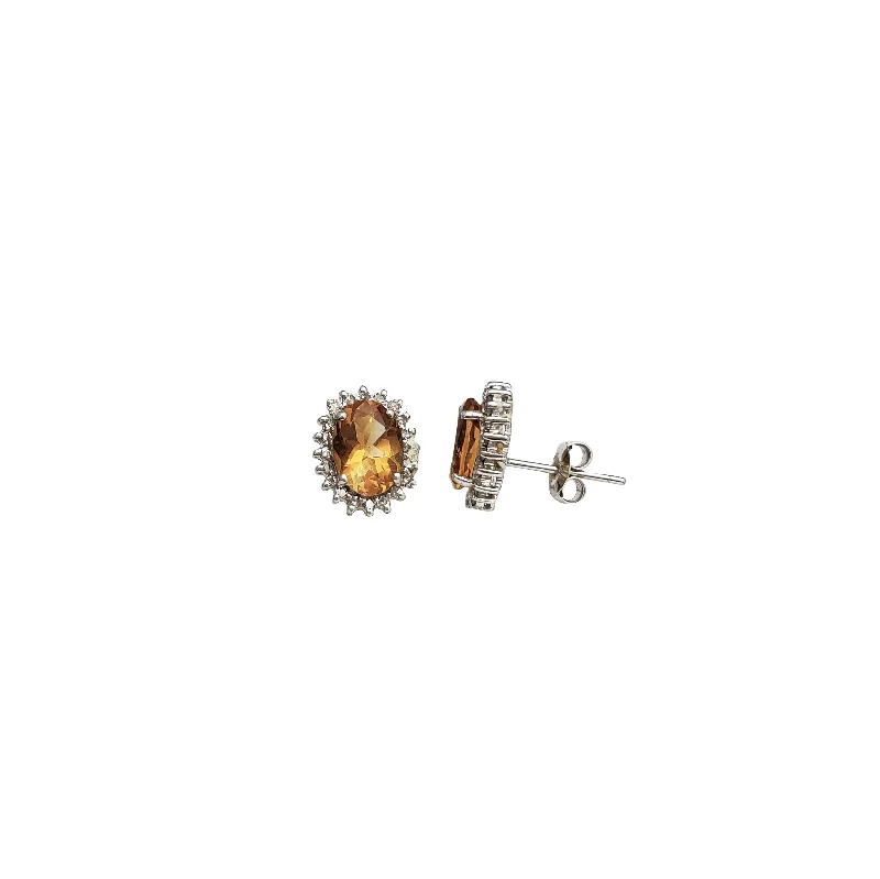 pearl earrings for women-Oval Shape Citrine Diamond Stud Earrings (14K)