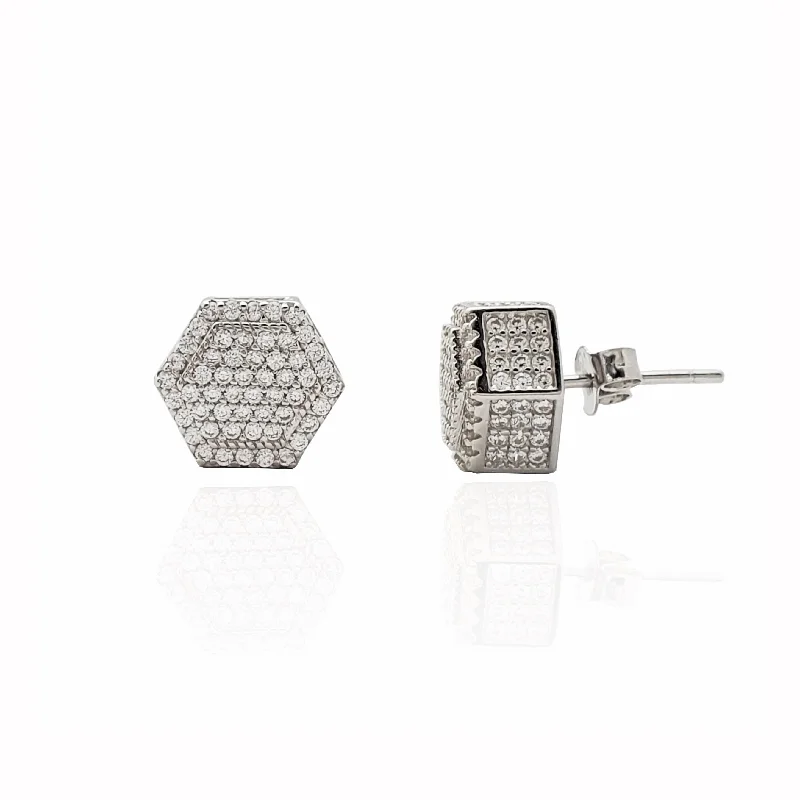 silver earrings for women-Iced-Out Hexagonal Box Stud Earrings (Silver)