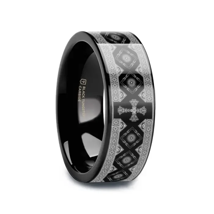 cushion cut engagement rings for women-CATHOLY Black Flat Tungsten Carbide Ring with Engraved Cross Pattern