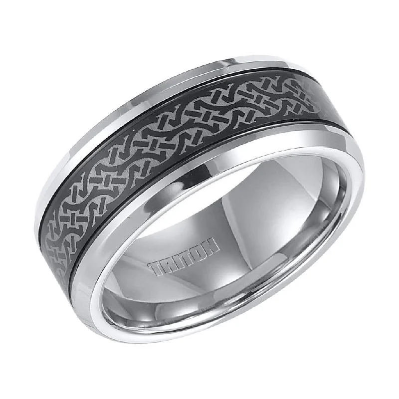 stunning engagement rings for women-KENYON Beveled Tungsten Carbide Ring with Offset Grooves and Contemporary Laser Engraved Pattern on Black Tungsten Center  by Triton Rings - 9 mm