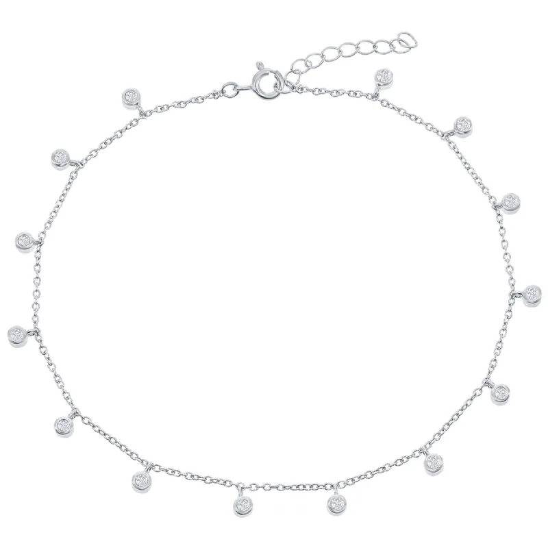 simple anklets for women-Classic Women's Anklet - Sterling Silver Bezel Set White CZ Stone Charms | R-9270