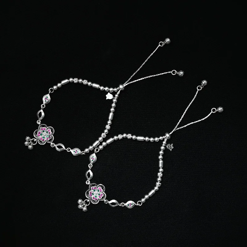 handmade ankle chains for women-Silver Anklet with Colorful Flower, Ghungroo, and Silver Beads.