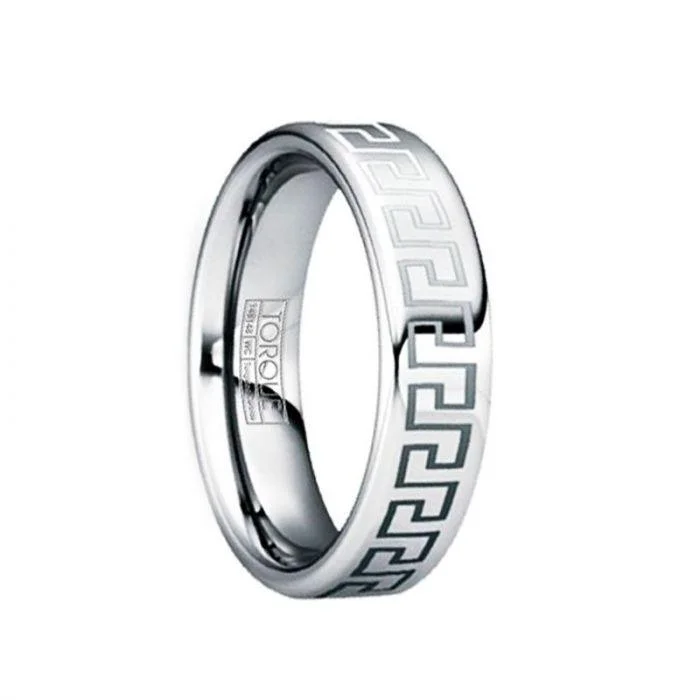 emerald cut engagement rings for women-QUINTILIANUS Engraved Greek Key Tungsten Ring with Polished Finish - 6mm