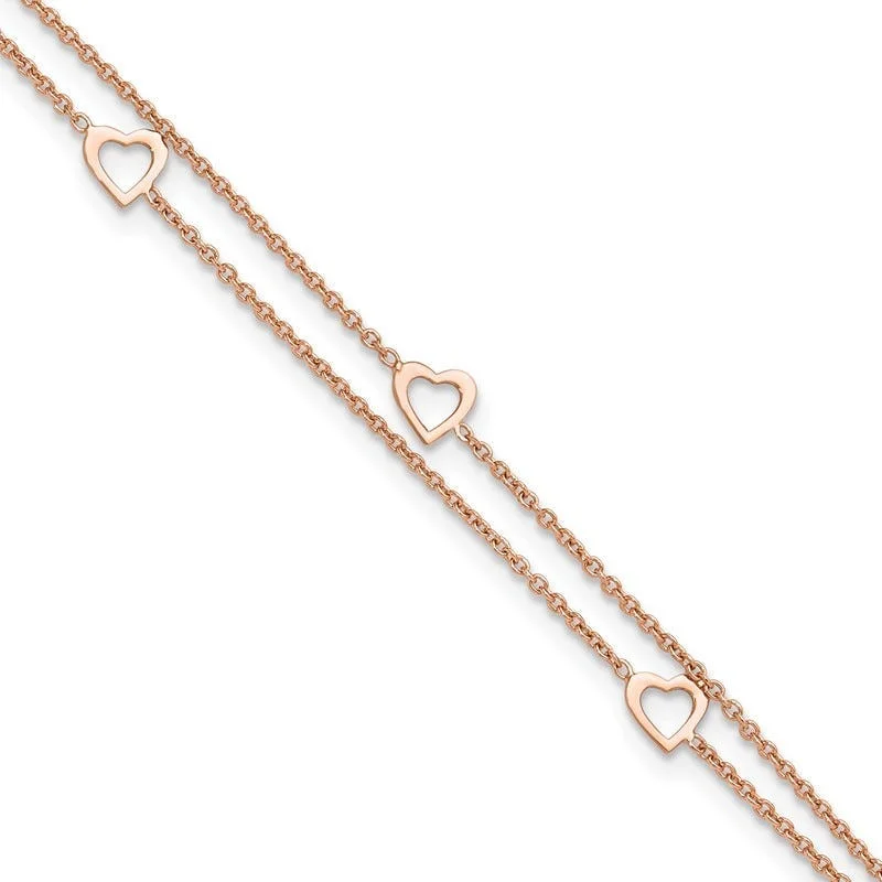 anklets for daily wear for women-Sterling Silver Rose-tone Polished Heart 10in Plus 1in Anklet