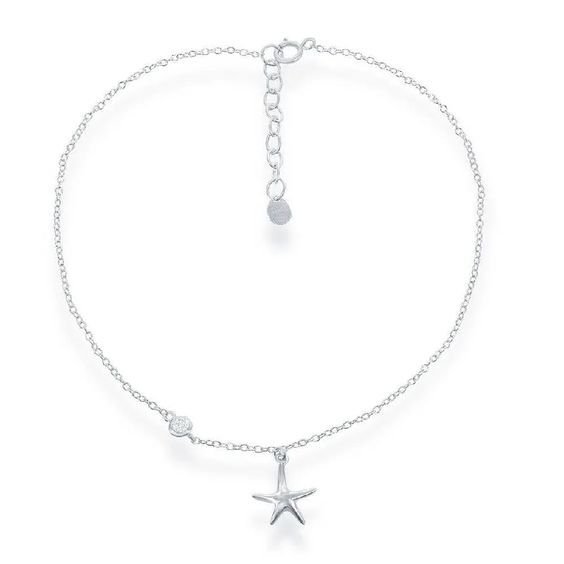 anklets with tassels for women-Sterling Silver Starfish with Single Cubic Zirconia Anklet