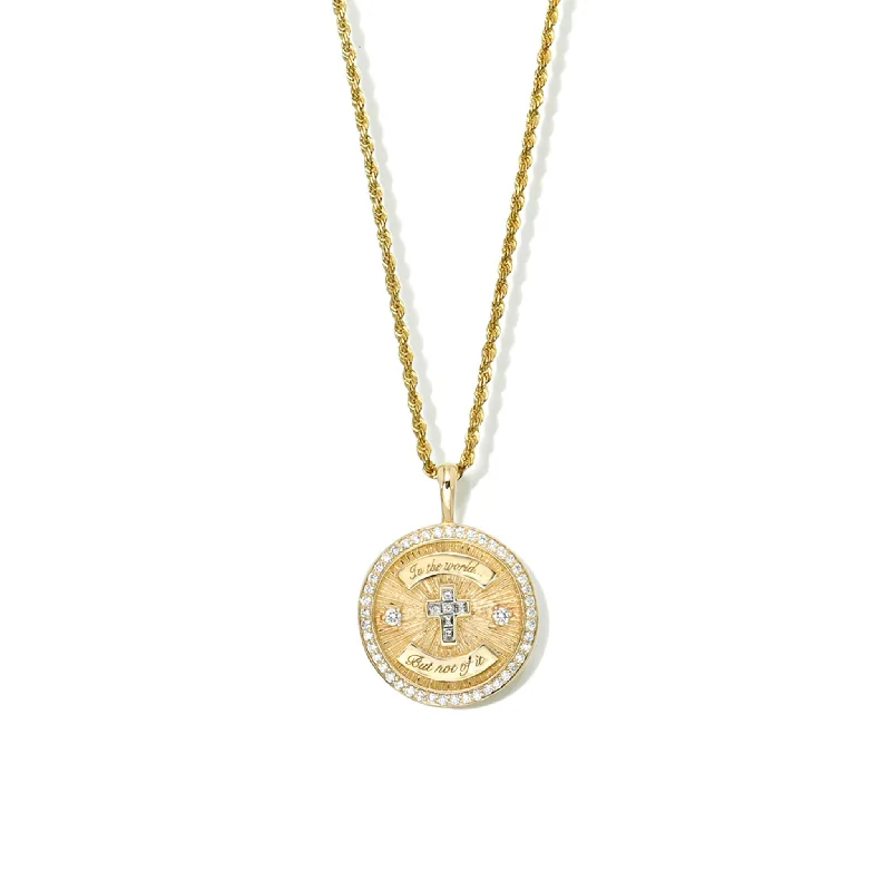 diamond necklace for women-Diamond Cross Coin with Pavé Border