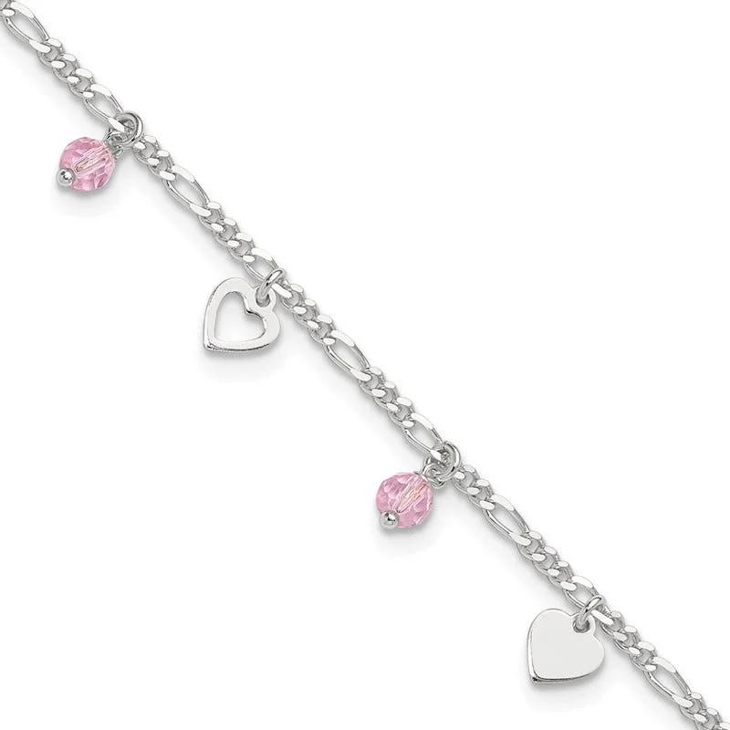 cute anklets for women-Sterling Silver Pink Glass Beads and Polished Hearts 9 inch Anklet with 1 inch extension