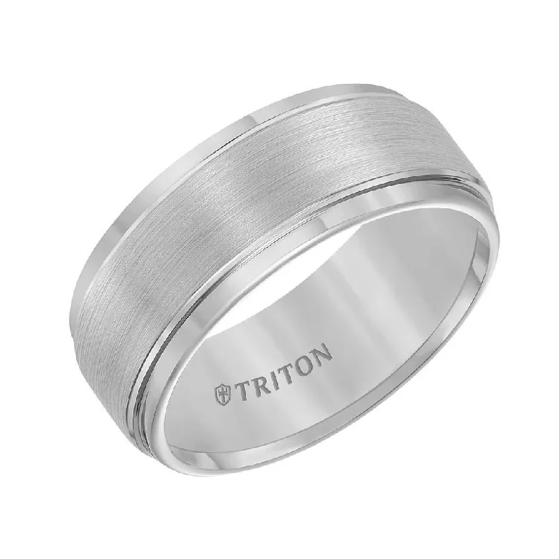 white gold engagement rings for women-HORTON 9mm Gray Tungsten Carbide Brush Finish Flat with Bright Step Edge Comfort Fit Band