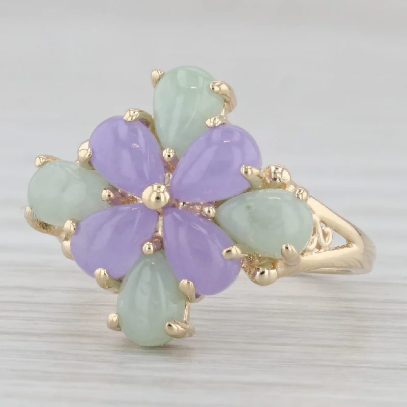 gemstone ring engagement rings for women-Lavender Green Jadeite Jade Flower Ring 14k Yellow Gold Size 7.25 Cluster